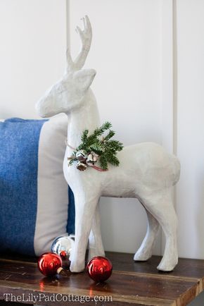 Paper Mache Deer Christmas, Papermache Deco, Paper Mache Reindeer, Project Worksheet, Lily Pad Cottage, White Holiday Decor, Lilypad Cottage, Paper Mache Christmas, Gold Reindeer