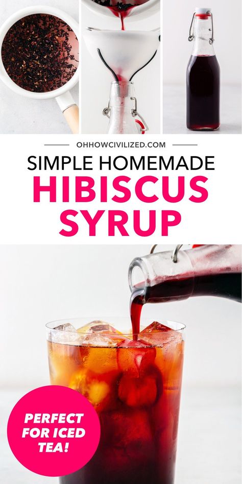 So easy to make at home, hibiscus simple syrup is a delicious way to add a sweet floral flavor to an iced tea. #hibiscus #jamaica #simplesyrup #icedtea #tearecipes Hibiscus Recipe, Summer Tea Recipes, Flavored Iced Tea Recipes, Summer Coffee Drinks, Healthy Teas Recipes, Hibiscus Flower Tea, Hibiscus Syrup, Simple Syrups, Sweet Tea Recipes