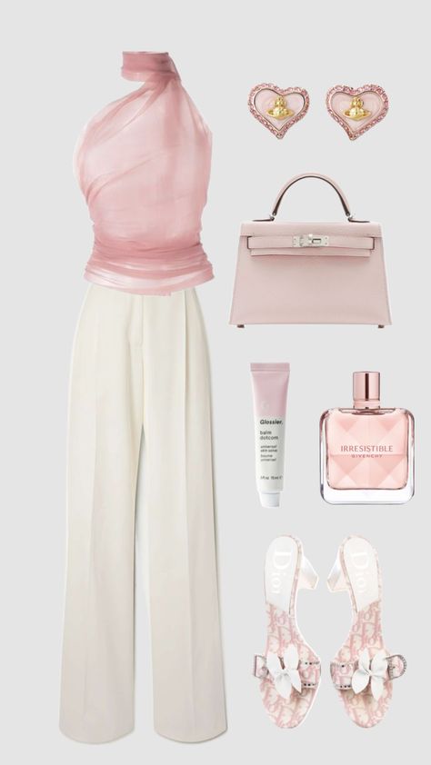 #outfit #outfitideas #outfitinspo #pink #girly #richgirlaesthetic #dior #trousers #hermes #minikelly Dior Trousers, Pants Polyvore, Beige Trousers Outfit, Hermes Outfit, Pink Trousers Outfit, Model Clothes, Elegant Clothing, Pink Office, Trouser Outfit