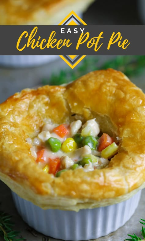 This easy chicken pot pie recipe is made with creamy chicken cubes, sauteed vegetables, and topped with an easy baked puff pastry crust. And the best part, their mini! #chickenpotpie #chicken #easypie #pastry Individual Chicken Pot Pies, Easy Chicken Pot Pie Recipe, Pot Pie Recipes, Mini Chicken Pot Pies, Puff Pastry Crust, Homemade Chicken Pot Pie, Chicken Pot Pies, Chicken Pot Pie Recipe, Easy Chicken Pot Pie