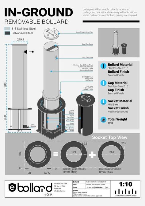 Inground Removable Bollard Drawing HEAVE DUTY Security Tips, Hot Dip, Home Defense, Building Art, Street Furniture, Parking Design, Access Control, Galvanized Steel, Solar