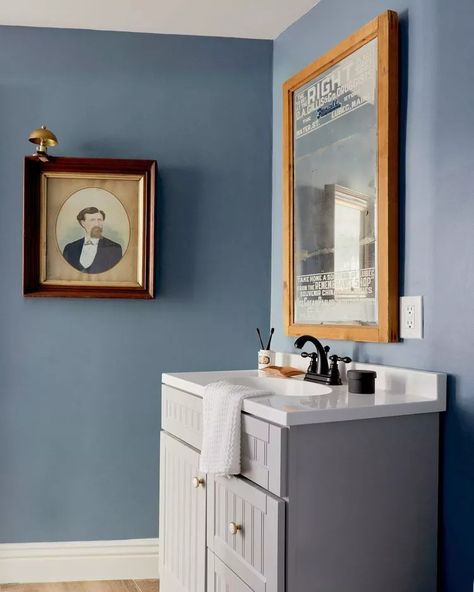 30 Popular Bathroom Paint Color Ideas for a Perfect Finish Denim Blue Paint Color, Denim Blue Paint, White Baseboards, Blue Bathrooms Designs, Blue Paint Color, Blue Gray Paint Colors, Emily Henderson Design, Good Jeans, Blue Gray Paint