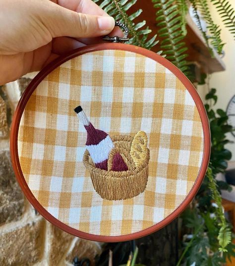 Meg on Instagram: “Can I say, why is linen gingham fabric so expensive like whatttttt 😂😂 anyway, here is a picnic basket on a picnic-looking fabric 🧺” Embroidery On Gingham Fabric, Picnic Embroidery, Food Embroidery, Bunny Embroidery, Textiles Projects, Summer Sewing, Dorm Bedroom, Picnic Rug, Gingham Fabric