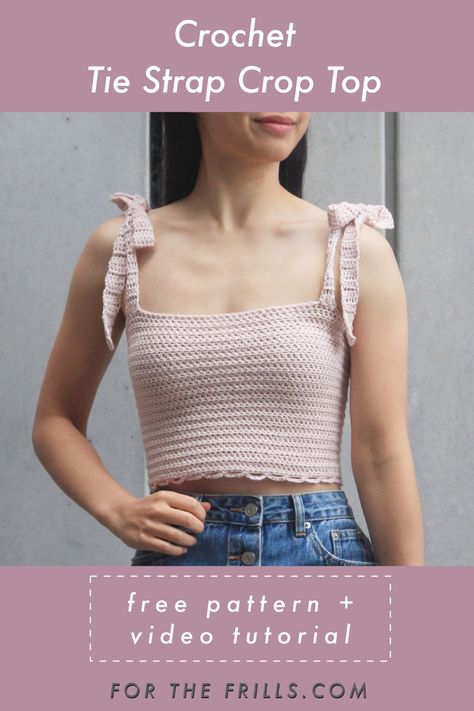 The Tie Strap Crop Top is an easy crochet crop top, perfect for summer! It features a scalloped hem and tie straps to create cute bow details. My free crochet pattern is made of beginner stitches which makes it an easy summer project! #crochetcroptop #crochetbow #crochettop #crochetpattern #tiestraptop #freecrochetpattern #crochetsinglet #crochettutorial #freecrochet #crafts #howto #forthefrills Beginner Stitches, Crochet Tie, Crop Top Pattern, Crochet Crop Top Pattern, Mode Crochet, Crochet Tops Free Patterns, Crochet Summer Tops, Strap Crop Top, Crochet Crop