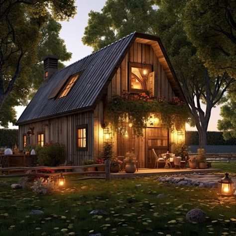 Small Barnhouse Homes, Barn House Aesthetic, Mini Barn House, House Decor Ideas Living Room, Rustic House Decor Ideas, Barnhouse Homes, Barn House Exterior, Rustic Guest House, Rustic Tiny House Cabin