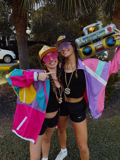 80s Neon Halloween Costume, 80s Dj Costume, Preppy Rapper Halloween Costume, Cute 80s Halloween Costumes, Rapper Dress Up, Halloween Costumes Duo 2022, 90s Rappers Costume, Boombox Halloween Costume, Neon Robbers Halloween Costume