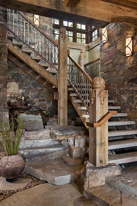 Mountain contemporary home with rustic details in Big Sky Rustic Staircase, Rustic Stairs, Traditional Staircase, Stone Stairs, Rustic Stone, Rustic Living, Mountain Home, Stone House, Staircase Design