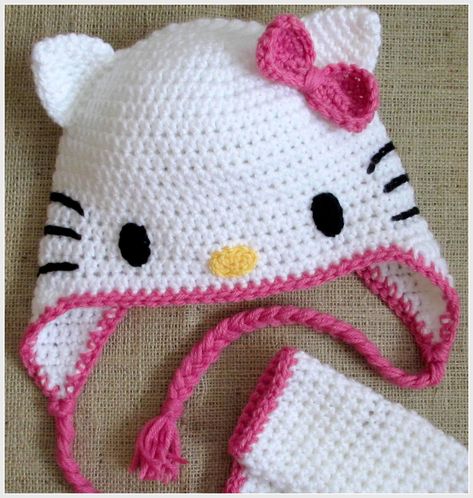 crochet lady bug hat patterns | hoffee and a nuffin: Hello Kitty - Cat Ears Tutorial Hello Kitty Hat, Crochet Hello Kitty, Kat Haken, Crochet Character Hats, Crochet Cat Hat, Chat Crochet, Hello Kitty Crochet, شال كروشيه, Crochet Kids Hats