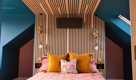 Ideas To Decorate A Bedroom, Decorating Slanted Walls, Slanted Wall Bedroom, Feature Headboard, Wood Slat Headboard, Slat Headboard, Bold Bedroom, Slanted Walls, Slanted Ceiling