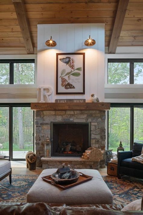 Boardwalk Cliffstone Fireplace, Living Room Fireplace With Windows, Lake House Fireplace, Fireplace With Windows On Each Side, Lakehouse Fireplace, Fireplace Between Windows, Black Tile Fireplace, House Expansion, Black Brick Wall