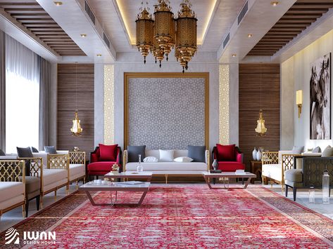 Islamic Style Villa on Behance Modern Moroccan Interior Design, Modern Islamic Interior, Islamic Interior Design, Islamic Style, Luxury Mansions Interior, Sitting Room Design, Villa Interior, Moroccan Interiors, Luxury Living Room Design