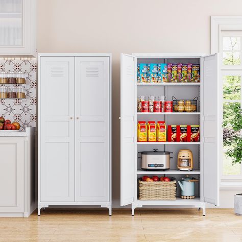 PRICES MAY VARY. 【Large space】The storage cabinets in this kitchen pantry have 5 levels, 4 shelves, 2 doors, and can store a variety of food, kitchenware and household items, providing enough space for you to organize your kitchen supplies. 【Multi-functional design】With a multi-functional design and a variety of storage options, the door has a vent, magnetic door, can be used as an independent food cabinet in the kitchen, but also as a buffet cabinet in the restaurant, a control table in the cor Standalone Pantry, Pantry Cabinets In Kitchen, Kitchen With No Pantry, Free Standing Pantry, Food Cabinet, Storage Home Office, White Storage Cabinet, Home Office Dining Room, Storage Cabinet With Doors