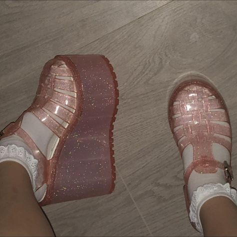 unif hella jelly pink sparkly jelly platforms size... - Depop Jelly Platforms, Jelly Heels, Unif Shoes, Pink Sparkly, Jelly Shoes, Skirt Leather, Casual Skirts, Dress With Sneakers, Blouse And Skirt