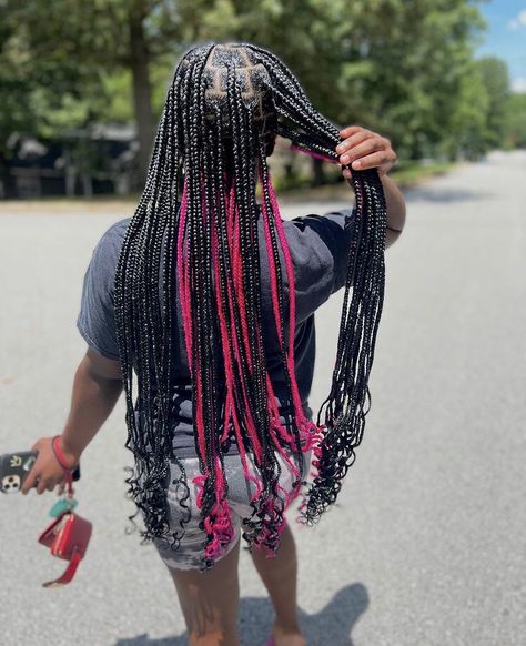 Dark Pink And Black Braids, Peek A Boo Braids With Curls, Black And Pink Peek A Boo Box Braids, Peek A Boo Box Braids With Curls, Peek A Boo Braids, Peek A Boo Box Braids, Box Braid Hairstyle, Pink Box Braids, Hairstyle For Black Women