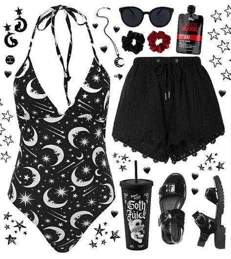 Goth Pool Party Outfit, Goth Bathing Suit Aesthetic, Goth Hot Weather Outfit, Goth Pool Outfit, Spooky Summer Outfits, Goth Travel Outfit, Aestethic Bikinis Goth, Goth Girl Summer Outfits, Goth Cruise Outfits