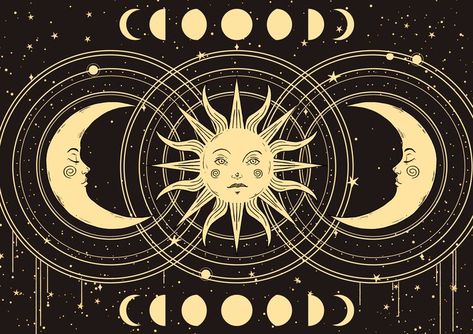 Illustration of a sun, two moons, the moon phases and stars in a celesitial art style Sun And Moon Laptop Wallpaper, Sun And Moon Wallpaper Laptop, Sun Moon Aesthetic, Witchy Wallpapers, Sun And Moon Aesthetic, Moon Phase Chart, Occult Aesthetic, Brown Moon, Zine Ideas