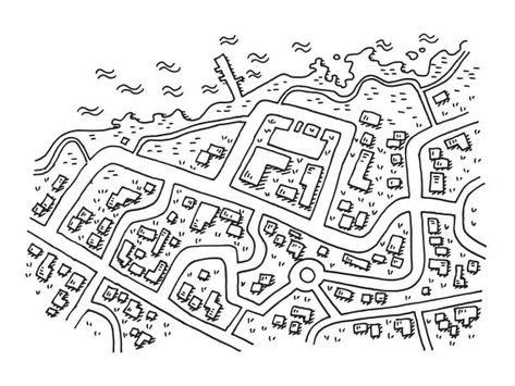 Top View Illustration, Village Drawing, Village Map, Coastal Village, Black And White Lines, Hand Drawn Vector, Illustrated Map, Vector Drawing, Street Map