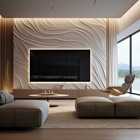 5+ Futuristic Modern LED TV Wall Panel Designs for Your Living Room • 333+ Images • [ArtFacade] Led Panel For Living Room, Futuristic Tv Wall, Living Wall Design Modern, Lobby Tv Unit Design, Large Tv Wall Design, Textured Tv Wall Ideas, Trending Wall Designs, Lcd Wall Design Living Room Tv, Futuristic Tv Unit Design