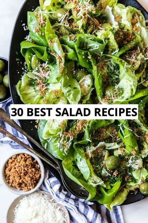 While most meals are improved by the addition of a fresh, crisp green salad, these 30 salad recipes prove that it can be so much more than just a healthy side dish. Best Salad Ever Recipe, Mix Greens Salad Recipes, The Best Salad I've Ever Eaten, Fancy Green Salad Recipes, Crisp And Green Salad Recipes, Exciting Salad Recipes, Salad Recipes For Steak Dinner, 5 Star Salads, Salads That Go With Fish