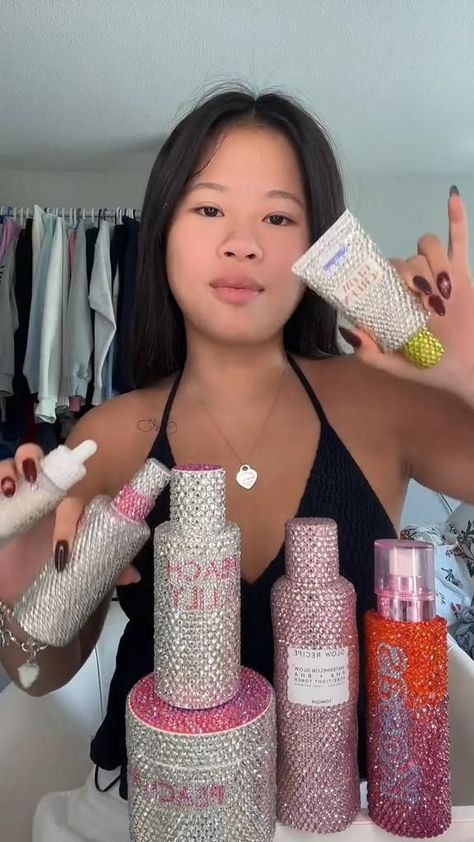 Bedazzled skincare GRWM Bedazzle Skincare, Bedazzled Skincare And Makeup, How To Bedazzle Stuff, Bedazzled Makeup Products, Bedazzled Skincare, Bedazzled Makeup, Things To Bedazzle, Preppy Crafts, Bedazzled Things