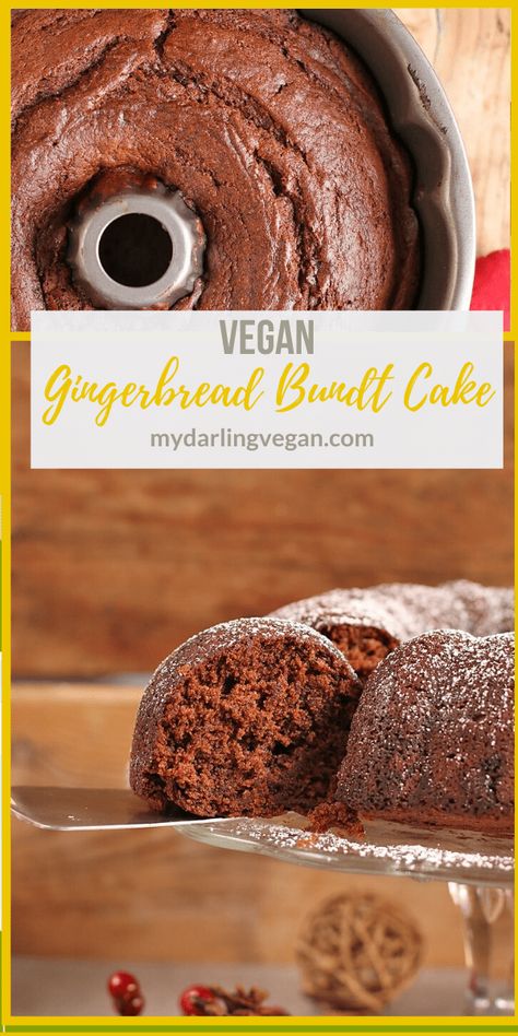 This Vegan Gingerbread Cake is the perfect dessert for your holiday. It's a sweet and spicy cake filled with flavor and dusted with powdered sugar. Serve it at your next holiday party. Gingerbread Bundt Cake, Healthy Vegan Dessert, Vegan Christmas Desserts, Vegan Gingerbread, Vegan Christmas Recipes, Vegan Holiday, Vegan Cakes, Gingerbread Cake, Holiday Dessert