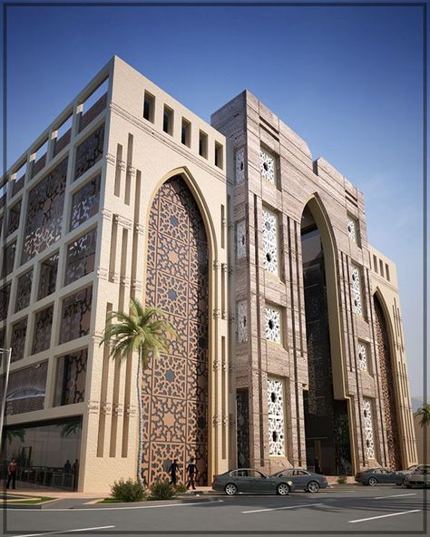 Modern Arab Architecture, Islamic Buildings Architecture, Masjid Elevation Design, Islamic Architecture Elevation, Islamic Facade, Mosque Design Islamic Architecture, 3 Storey House Design, Hotel Facade, Modern Residential Architecture