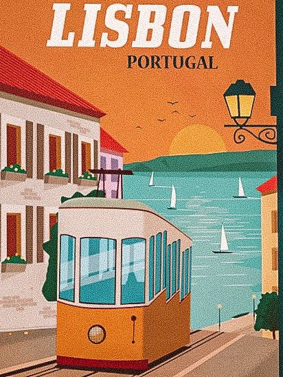 Vintage Portugal Poster, Lisbon Postcard, Lisbon Illustration, Portugal Illustration, Destination Poster, Portugal Poster, Wanderlust Decor, Italy Poster, City Cartoon