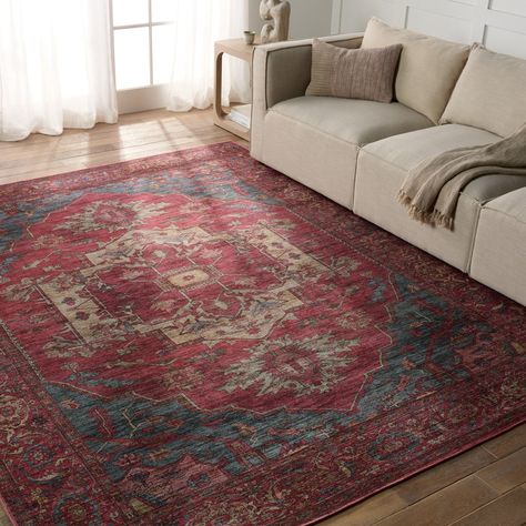 The Vindage collection melds vintage inspiration with on-trend colorways and durability for lived-in spaces. This digitally printed assortment features deep, rich tones and stunning abrashed designs that lend heirloom style to any home. The Gloria area rug depicts a distressed medallion pattern with floral detailing in rich tones of red, blue, brown, green, and orange. The easy-care design withstands pets, children, and high traffic areas of the home such as living rooms, dining areas, kitchens, Living Vintage, Persian Motifs, Jaipur Living, Medallion Pattern, Rug Direct, Floral Area Rugs, Medallion Design, Handmade Area Rugs, Brown Area Rugs