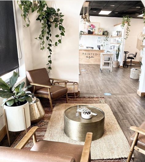 Boho Medical Spa, Waiting Area In Salon, Eclectic Spa Decor, Rustic Waiting Area, Bohemian Lash Room, Boho Salon Ideas Modern, Esthetician Reception Area, Boho Salon Reception Area, Esthetician Waiting Room Decor