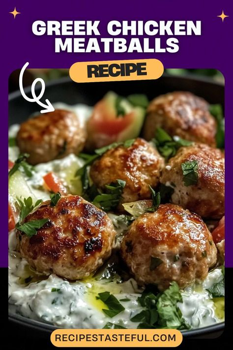 These Greek Chicken Meatballs with Homemade Tzatziki are a delicious and healthy meal that combines the flavors of Mediterranean cuisine. The juicy chicken meatballs are packed with herbs and lemon, and the homemade tzatziki sauce adds a creamy, cool contrast. Perfect for a light dinner or appetizer! Greek Chicken Meatballs, Homemade Tzatziki Sauce, Chicken Meatball Recipes, Homemade Tzatziki, Ground Chicken Recipes, Bread Appetizers, Tzatziki Sauce, Citrus Chicken, Greek Chicken