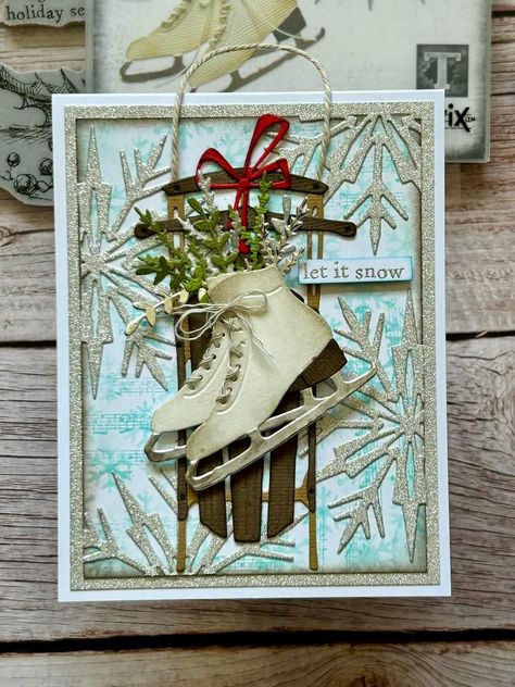 Xmas Card Craft, Cuttlebug Ideas, Christmas Skating, Sizzix Cards, 2024 Family, Christmas Craft Fair, Tim Holtz Cards, Winter Wishes, Christmas Card Inspiration