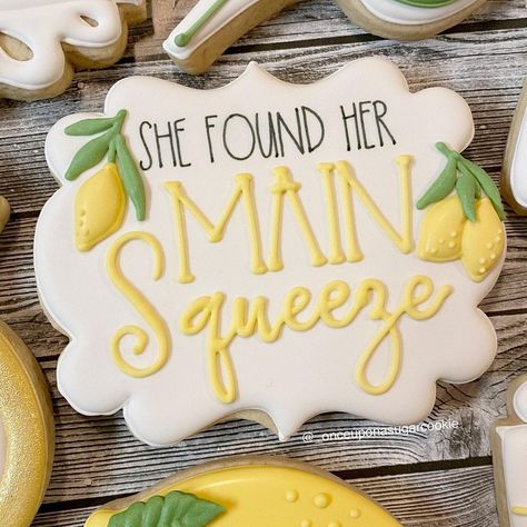 Once Upon A Sugar Cookie | “She found her main squeeze.”🍋 One of my most favorite bridal orders ever! I love the lemon theme! • • • • • • #cookies #sugarcookies… | Instagram Lemon Theme Cookies, Main Squeeze Cookies, She Found Her Main Squeeze, Found Her Main Squeeze, Lemon Themed Bridal Shower, Wedding Shower Cookies, Engagement Cookies, Lemon Theme, Theme Cookies