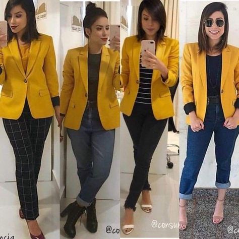 158fc2ddd52ec2cf54d3c161f2dd6517desc53344080ri Mustard Blazer Outfit, Yellow Blazer Outfit, Fall Business Casual Outfits, Blazer Outfits Casual, Jacket Outfit Women, Fashionable Work Outfit, Blazer Outfits For Women, John Brown, Dressy Casual Outfits