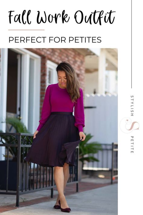 I’ve always had a thing for pleated skirts. There’s something so feminine and classy about them. This plum color pleated midi skirt is beautiful and the perfect length for petites. Recreate this cute fall outfit. | Stylish Petite Fall Work Outfit, Stylish Petite, 3 Am, Pleated Skirts, Fall Outfits For Work, Cute Fall Outfits, Casual Chic Outfit, Casual Work Outfits, Plum Color