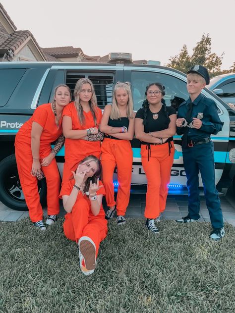 Cops Robbers Costume, Cops And Robbers Football Theme, Cops And Prisoner Costume Group, Neon Robbers Halloween Costume, Jail Break Football Theme, Halloween Cops And Robbers, Halloween Cop And Prisoner, Cops Vs Robbers Spirit Week, Jailbreak Theme Outfit