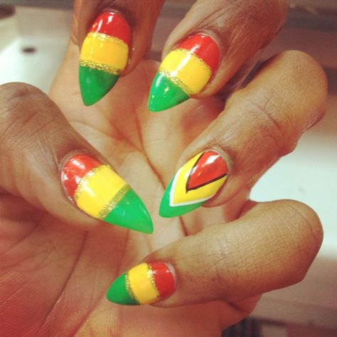 Guyana flag inspired nail art. #guyanesepride Caribbean Flags, Guyana Flag, Flag Nails, Jamaican Flag, Nails Coffin Short, Youtube Ideas, Nail Blue, Nail Colour, Acrylic Nails Coffin Short