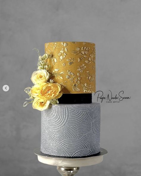 Wedding, Bridal Shower, Celebration, Embossed Mat, Gold, Silver, Fondant, Yellow Roses - @sugarfanciesbypooja Secret Garden Cake, Yellow Flower Cake, Flower Cake Ideas, Brushed Embroidery, Cameo Cake, Lace Cakes, Yellow Wedding Cake, Cake Design Inspiration, Cake Filling Recipes