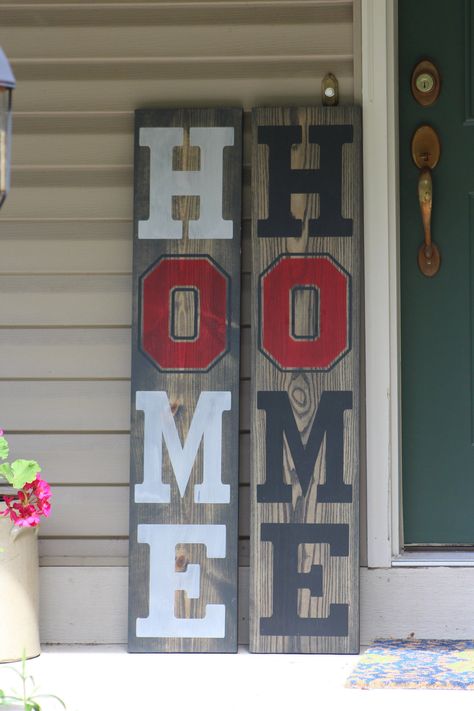 Ohio State Diy, Deck Signs, Ohio State Buckeyes Crafts, Door Reefs, Ohio State Decor, Ohio State Crafts, Buckeye Crafts, Buckeye Leaf, Porch Boards