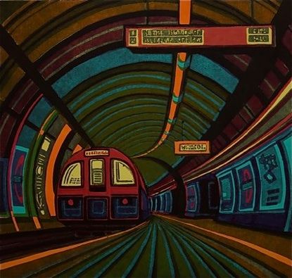 Gail Brodholt - "Going Underground", linocut. You can see more of her work  on her website: http://www.gailbrodholt.com/Home.html Gail Brodholt, Relief Printing, Train Art, London Transport, Woodcuts Prints, Gcse Art, London Underground, Wood Engraving, Lino Print