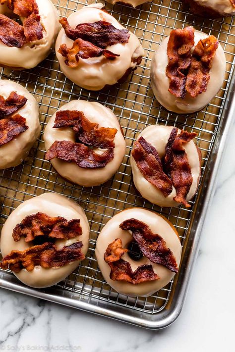 Homemade Maple Bacon Doughnuts - Sally's Baking Addiction Donuts From Biscuits, Maple Bacon Donut, Bacon Donut, Homemade Doughnuts, Apple Cinnamon Rolls, Sally's Baking, Homemade Donuts, Doughnut Recipe, Maple Bacon