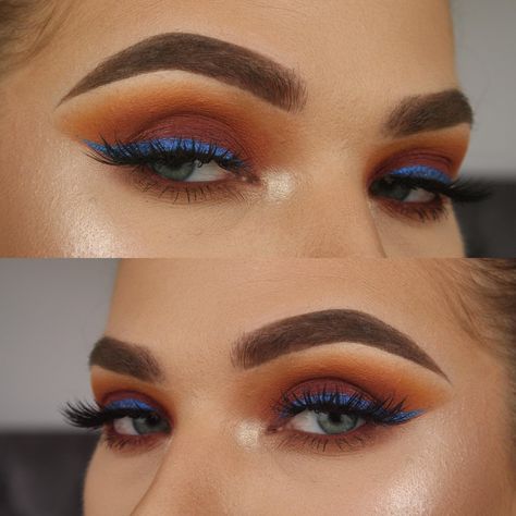 Pop of colour/ blue eyeliner : MakeupAddiction Blue And Orange Eye Makeup, Orange And Blue Makeup Looks, Royal Blue Liner Eye Makeup, Orange And Blue Makeup, Navy Blue And Orange Eye Makeup, Bright Eyeliner, Blue Eyeliner Looks, Inspi Makeup, Blue Eyeliner Makeup