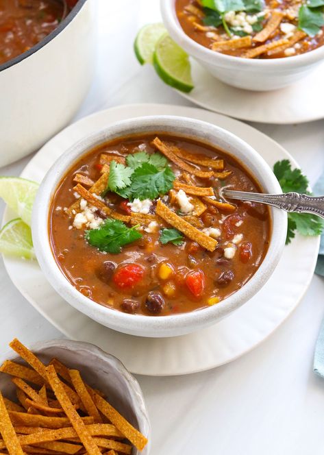 Vegetarian Tortilla Soup Vegetarian Tortilla Soup Recipe, Vegetarian Tortilla Soup, Vegan Tortilla Soup, Tortilla Strips, Dinner Rotation, Cup Of Soup, Black Bean Soup, Vegan Soup Recipes, Carb Meals