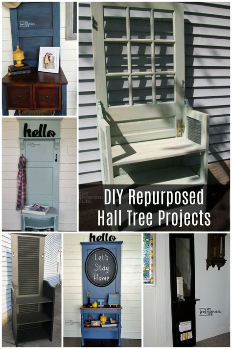 Check out this collection of hall tree projects. I love marrying pieces with doors. You can use nightstands, tables, sewing machine cabinets and more! #MyRepurposedLife #repurposed #funiture #diy #halltree via @repurposedlife Door Hall Trees, Thrift Store Furniture Makeover Diy, Shutter Projects, Hall Tree Bench, Tree Projects, Small Hall, Small Nightstand, Hollow Core Doors, Pet Ramp