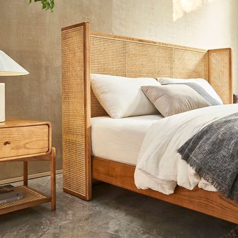 Miles bedroom set - Bedside table Boho Chic Beds, Cane Furniture Bedroom, Rattan Furniture Bedroom, Japandi Bed Frame, Rattan Bedroom Ideas, Rattan Beds, Boho Beds, Unique Bed Frame, Cane Beds