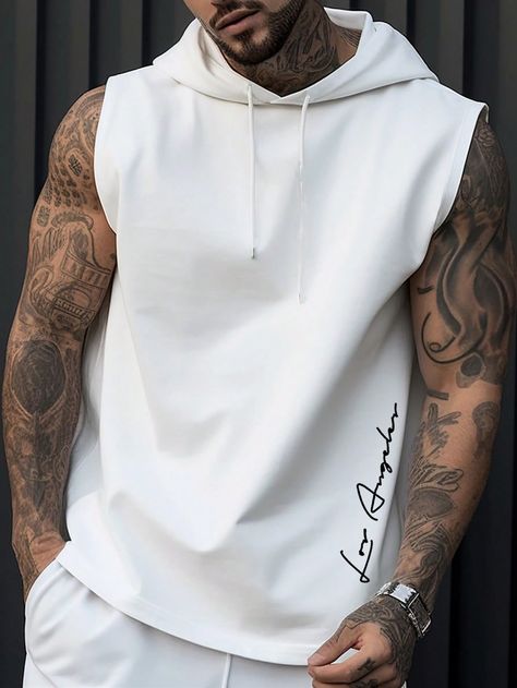 White Casual Collar Sleeveless Fabric Letter,Plain  Embellished Slight Stretch  Men Clothing Sleeveless Hoodie Outfit Men, Sleeveless Hoodie Men, Hoodie Outfit Men, Ärmelloser Pullover, Clothing Packaging, Sleeveless Hoodie, Hoodie Outfit, Printed Drawstring, Tank Top Hoodie