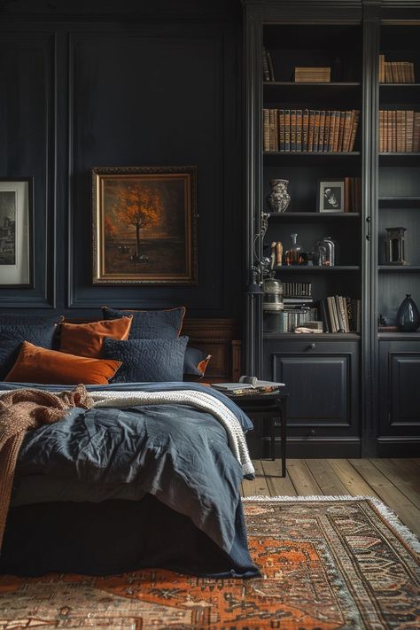 29 Dark Cozy Bedroom Ideas for a Luxurious Ambiance - My Elegant Home Midnight Blue Bedroom Ideas, Vintage Parisian Apartment, Neutral Bathroom Decor Ideas, Midnight Blue Bedroom, Apartment Aesthetic Bedroom, Parisian Apartment Aesthetic, Dark Cozy Bedroom Ideas, Dark And Cozy, Bedroom Ideas Creative