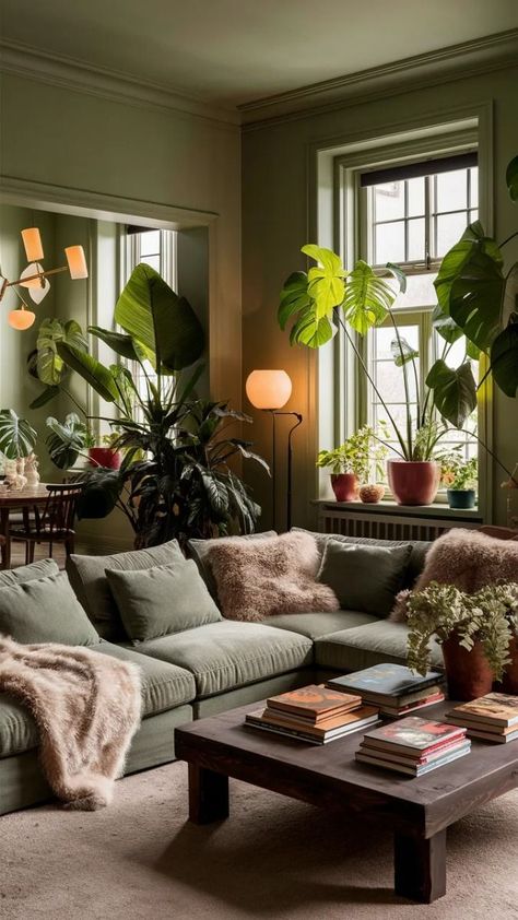 Plant House Decoration Living Rooms, Cozy Green Apartment, Living Room Inspiration Earthy, Apartment Decorating Green, Green Eclectic Living Room, Living Room Inspiration Cozy Green, Green Cozy Living Room, Cozy Green Living Room, Dark Green Couch Living Room Ideas