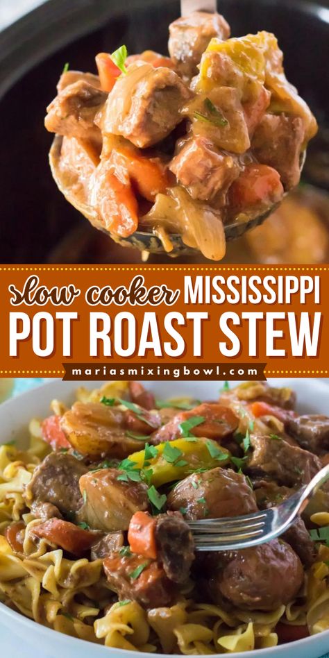 A perfect fall soup recipe! It's a crockpot dish with stew beef and veggies. So delicious with a slightly spicy kick, this Slow Cooker Mississippi Pot Roast Stew tastes incredible! Have a bowl of this fall comfort food for dinner! Mississippi Pot Roast With Veggies Crockpot, Mississippi Pot Roast Soup, Pot Roast Soup Recipes, Mississippi Beef Stew, Crock Pot Stew Meat Recipes, Mississippi Pot Roast Crockpot, Mississippi Recipes, Pot Roast Stew, Roast Stew