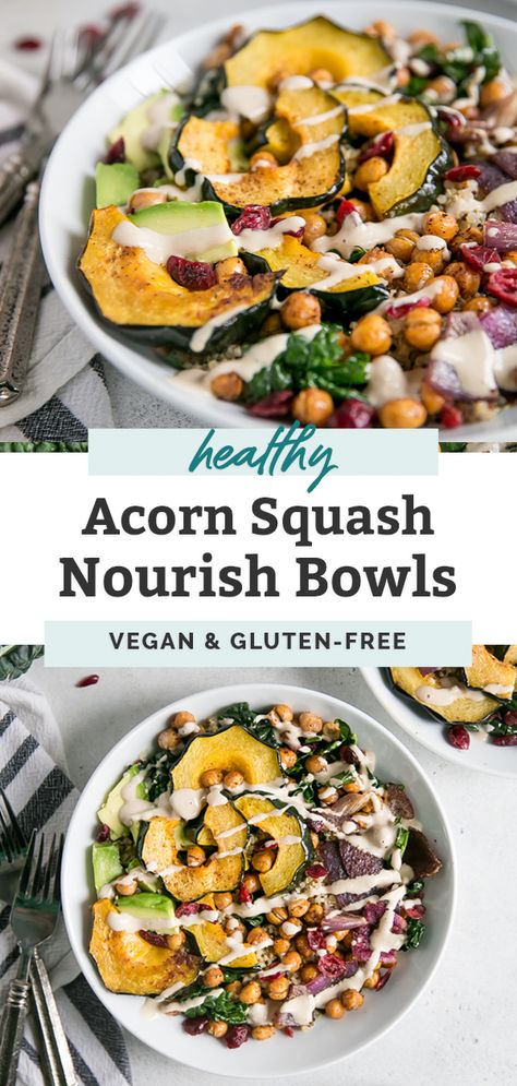 Nourish Bowls, Power Bowl Recipe, Quinoa Kale, Roasted Acorn Squash, Acorn Squash Recipes, Vegan Buddha Bowl, Power Bowl, Healthy Bowls, Tahini Sauce