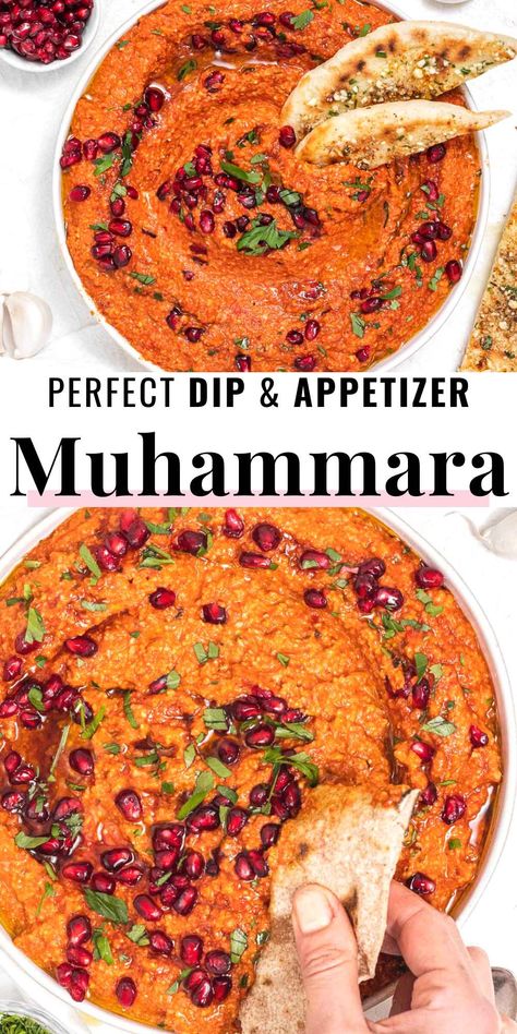 Muhammara is a delicious, creamy dip packed with Mediterranean and Middle-Eastern flavors and perfect as an appetizer, spread, or side dish.This recipe combines the fruity, spicy, sweet, nutty, rich, and tangy flavors of roasted bell peppers, tomatoes, walnuts, garlic, onion, and cumin into one of the best dips you'll ever taste. Middle Eastern Starters, Middle Eastern Dips Recipes, Moroccan Dip, Arabic Appetizers, Meditterean Recipes, Best Dips, Lentil Hummus, Roasted Bell Peppers, Vegan Mediterranean